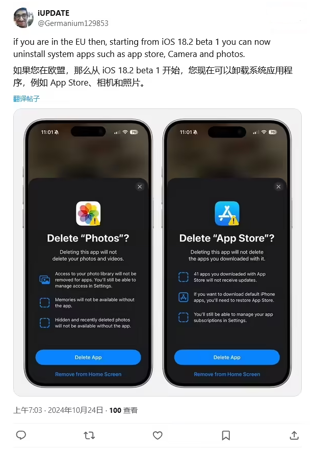 中站苹果手机维修分享iOS 18.2 支持删除 App Store 应用商店 