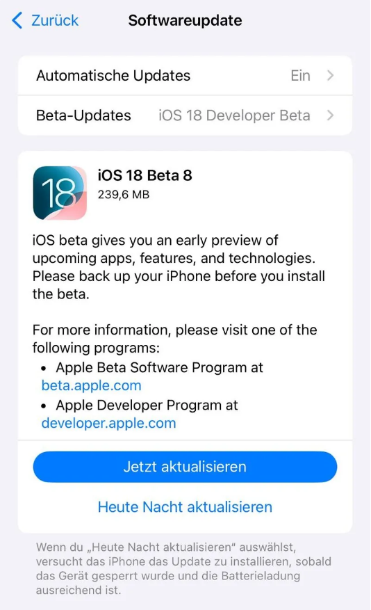 中站苹果手机维修分享苹果 iOS / iPadOS 18 开发者预览版 Beta 8 发布 